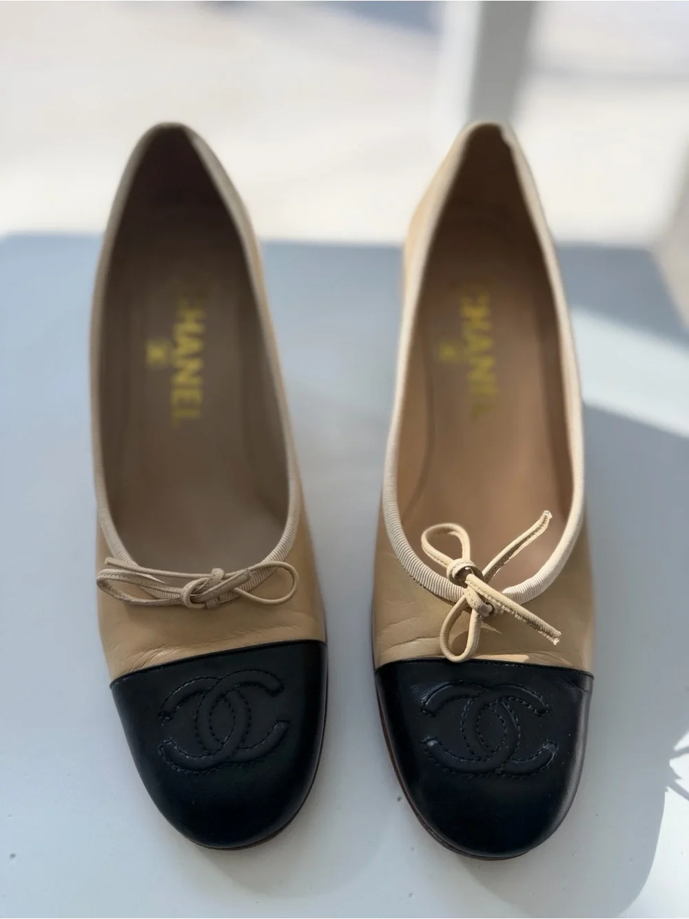 Chanel Beige and Black Cap-Toe block heel pumps